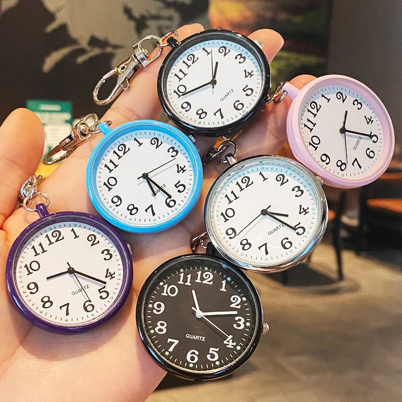 NULL All Ages Antique Tiny Stainless Steel Metal Blue Round Shaped Quartz Glass Face Arabic Numeral Markers Analog Display Silver Clip-On Keyring Pocket Watches /Colors-Black/Silver/Blue/Pink/Purple/Red/Gold/Brown