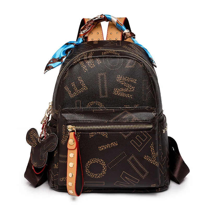 Women Disney's Waterproof Brown Faux Leather Geometric Letter Design Mickey Head Zipper Resin Mesh External Rear Pocket Detachable Straps-Handle Built-In Single 7.9 IPAD Compartment External Frame School Backpacks/Colors-Brown/Beige/Black