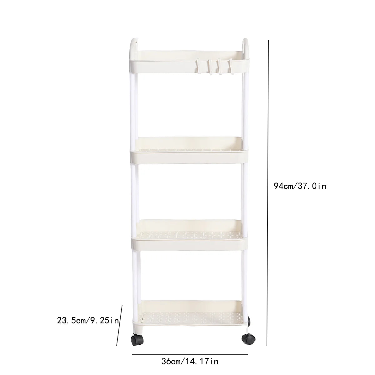Kitchen 2 Handles Plastic 3-4 Tier Shelves White-Black Storage Utility Carts/ 360 Degrees Rotation/ 2 Easy Lockable Plastic Wheels
