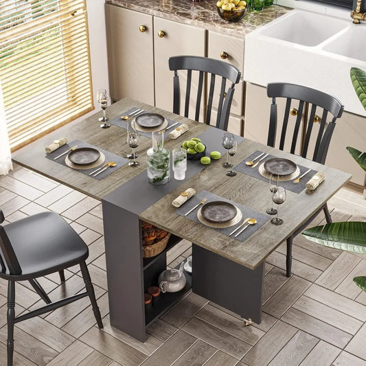 Rectangle Wood Folding Dining Table w/2 Storage Racks/ Drop Leaf Table w/ 6 Wheels/Colors-Wood +White/Chestnut +Gray/Brown +Black