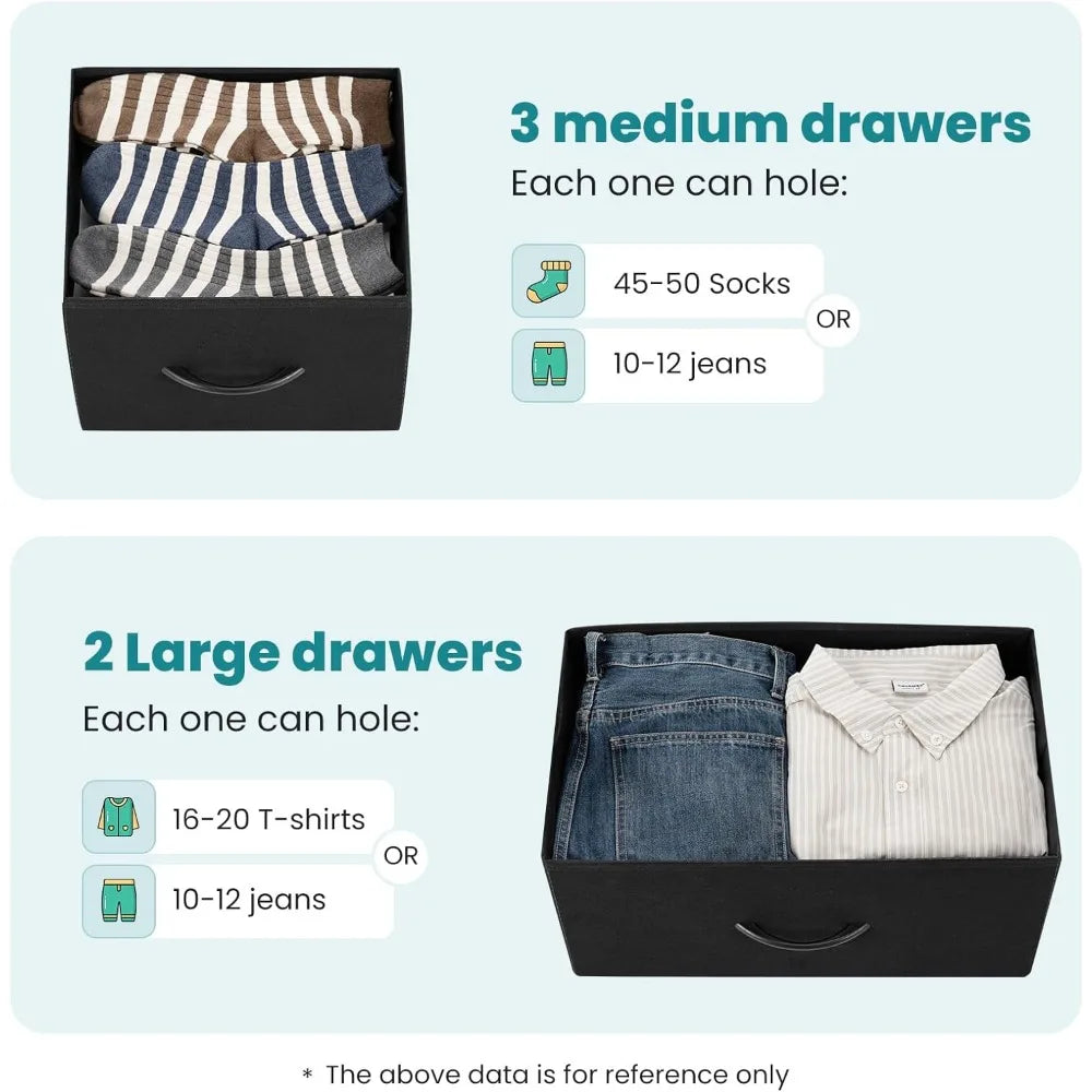 RUO WU Kids Small Rectangle Shaped Black Modern Wood Anti-Tilting Steel Frame Unfinished Adjustable Feet Dressers/5 Fabric Drawers/Plastic Handles/Colors-Black/Brown/Gray/White/Cross Support Bars