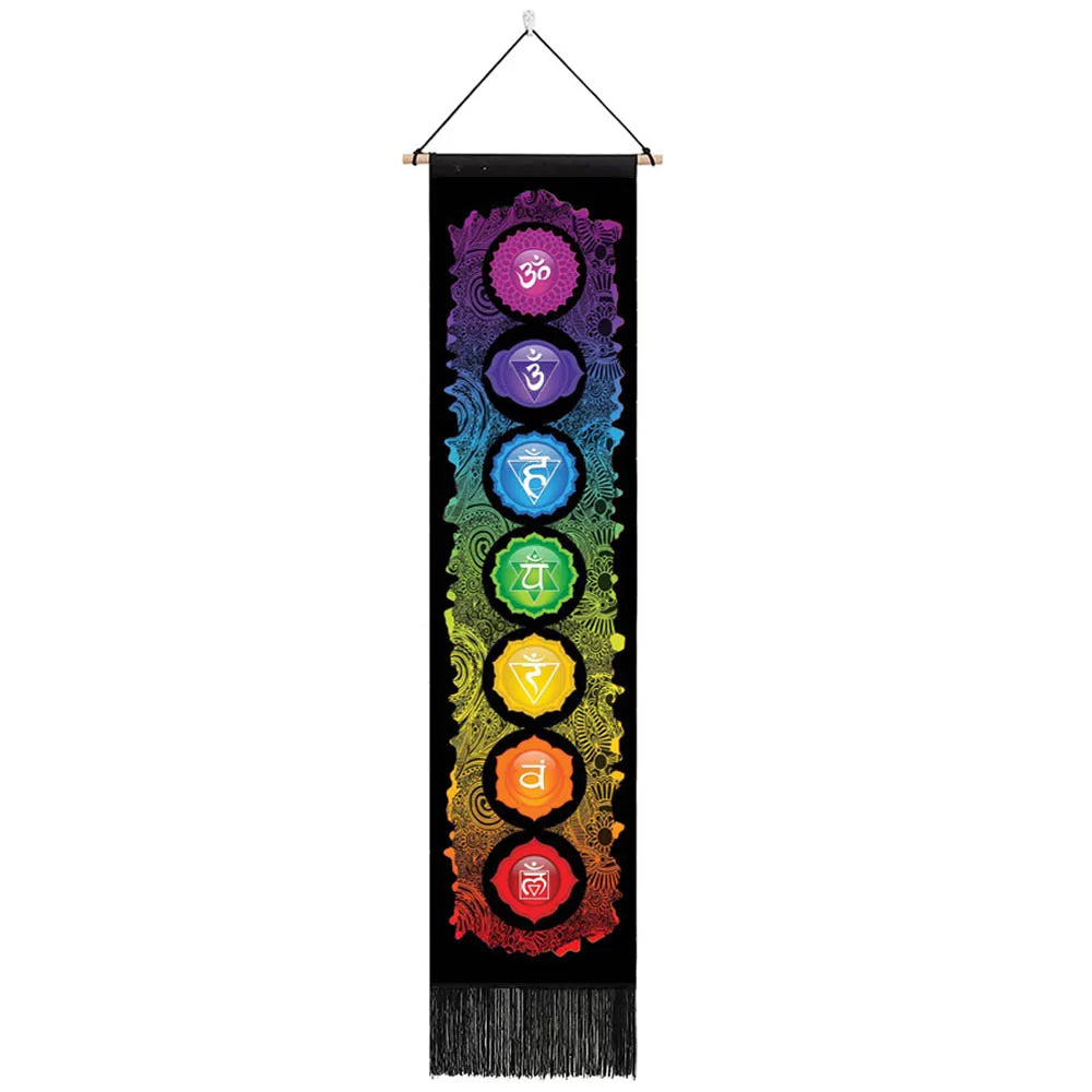 Unisex Rectangle Knitted Cotton-Polyester Blend Printed Soft Fabric 4 Colorful Geometric Chakras Themes Intricated Design Fringed Spiritual Meditation Wall Hanging Tapestries