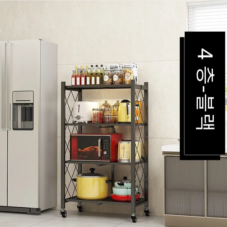 Black-White 3-4-5-Tiers Shelves Kitchen Metal Fold Up Movable Storage Racks/ 4 Wheels