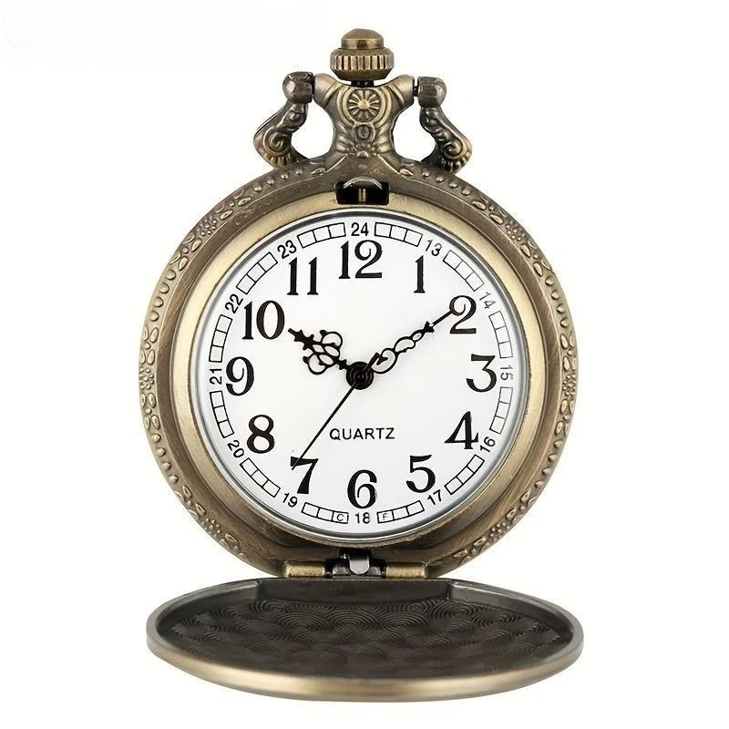 WECIN Adults Vintage Analog Display Glass Face Round Shaped Arabic Numeral Universal Time Bronze Embossed Roaring Lion Head Floral Design On Back Bronze Chain-Pocket Watches