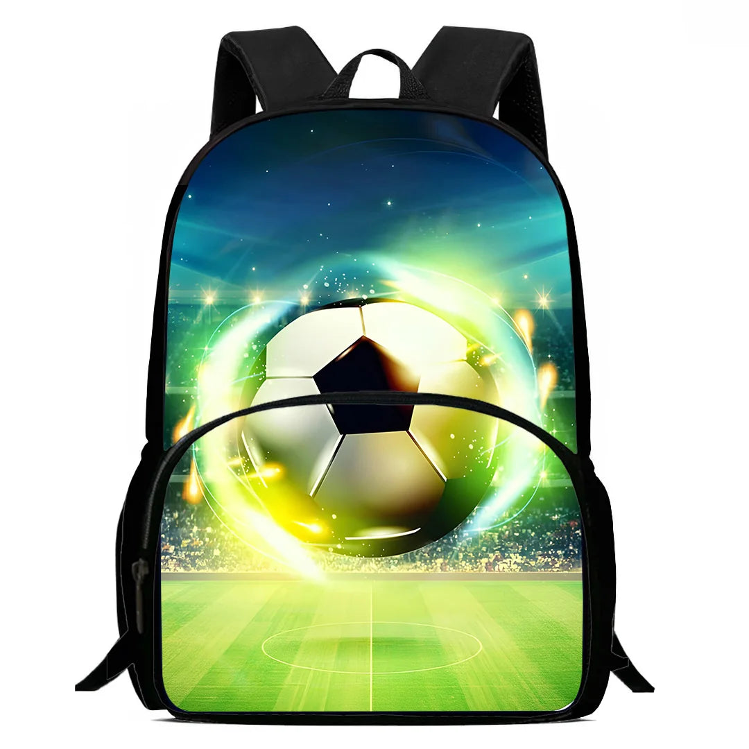 MINISO Kids 3 PCS Large Waterproof Nylon Fabric Zippers Exterior Pockets Printed-Burning Flames Soccer Ball Design Curved Back Shoulder Straps-Handle Sports IPAD Compartment School Backpacks/Color-Black/White/Blue/Multicolor