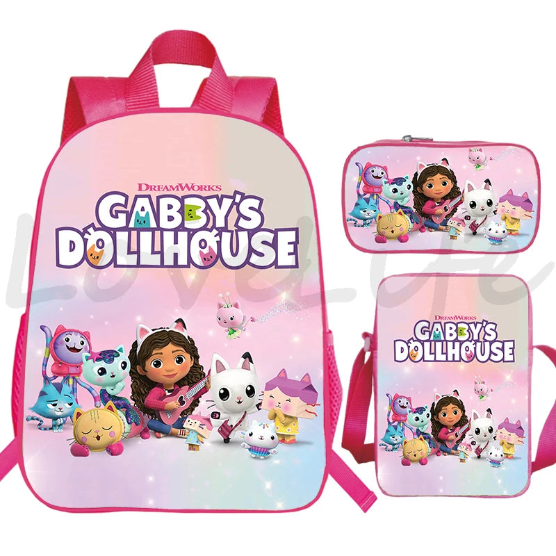 JUNBIE Kids Waterproof Pink Nylon Fabric Cute Cartoon Gabby's Dollhouse Design Zippers Curve Back Shoulder Straps-Handle Built-In Laptop Compartment External Pockets Backpacks/Colors-Pink/Multicolor