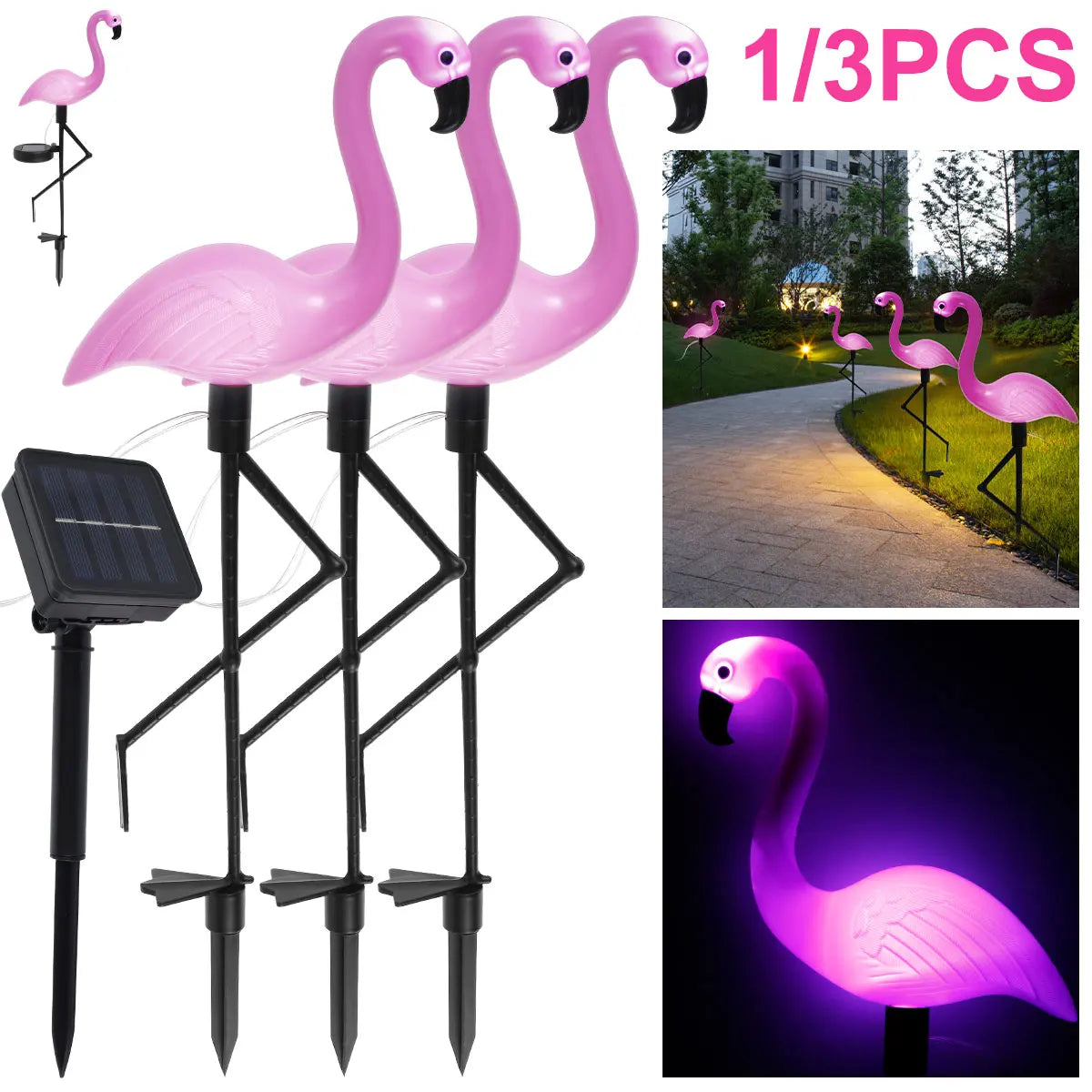 GHOPY 1-3 PCS Waterproof Solar-Powered Pink Flamingo Plastic Body Black Bent Long Legs Shaped Dimmable Stake Landscape Pathway Lighting Sets/Bulbs Included