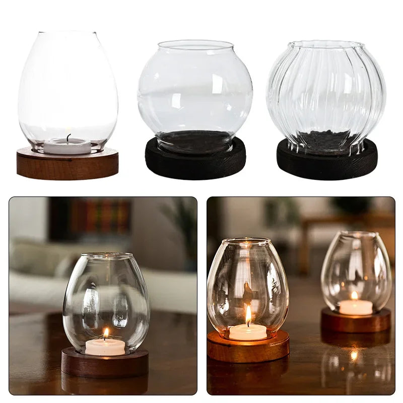 No-EN-Name-Null Modern Windproof Round Clear Transparent Glass Shades Round Brown-Black Wood Base Tealight Candle Holders