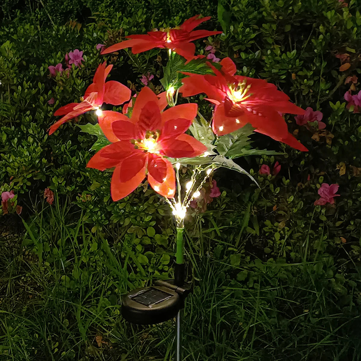 No-EN-Name-Null Outdoor Solar-Powered Warm White LED Red Christmas Poinsettia Flower Bouquet Holiday Stick Lights