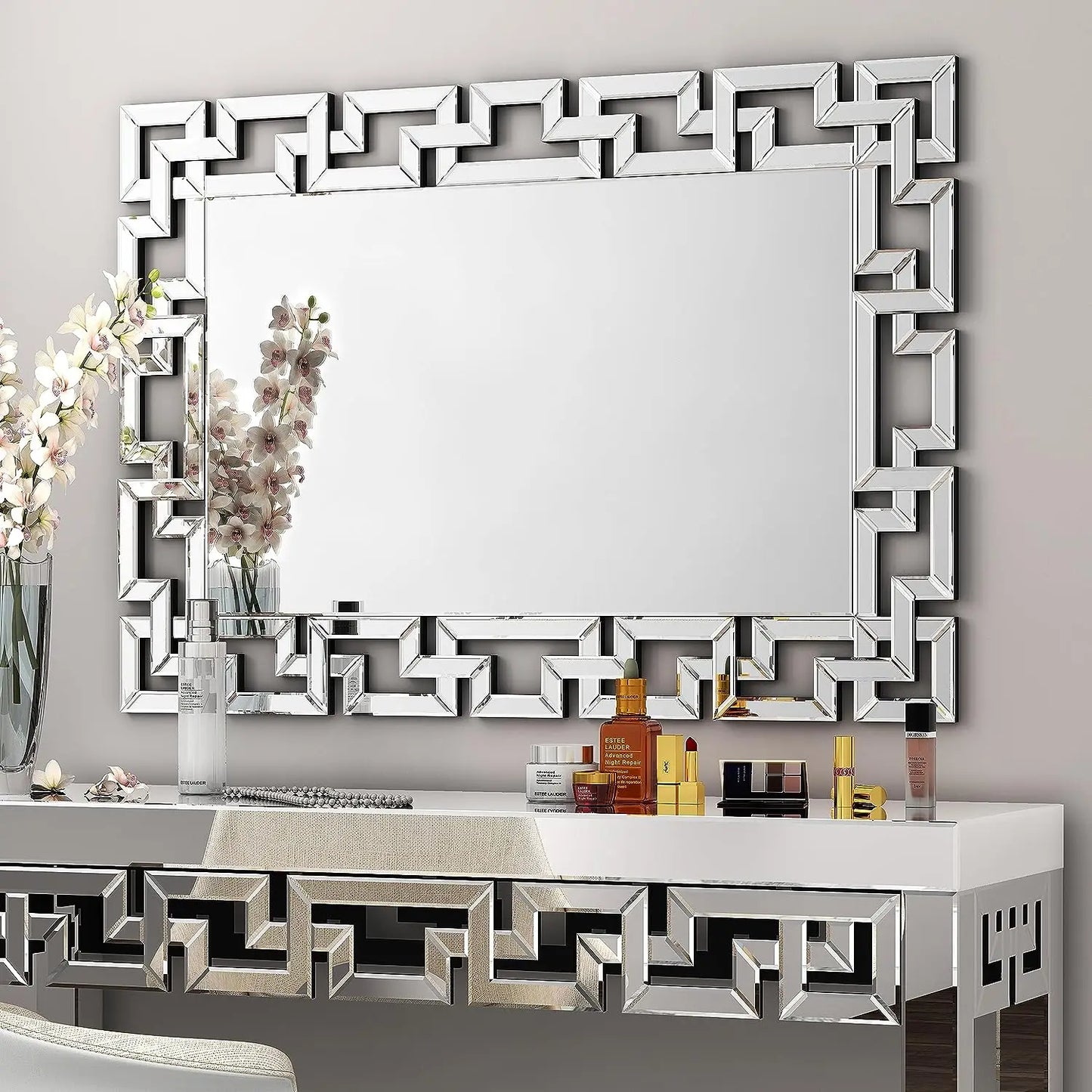 Large Rectangle Silver Modern Glass Geometric Frameless Mirrors/MDF Board Back Panel/Built-In Hooks On Back/Hardware/Dimension: (L x W x H)100x70cm/ 39.4x27.6 inch