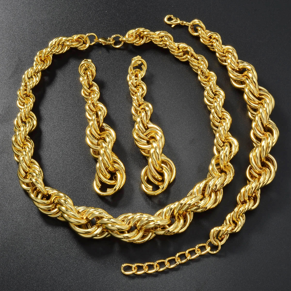 SNY Adults Unisex Fine Imitation Classic Geometric Gold Hip-Hop Punk Copper Metal Fried Dough Twist Interwoven Round Necklace-Bracelet-Big Long Twisted Interwoven Earrings  Jewelry Sets
