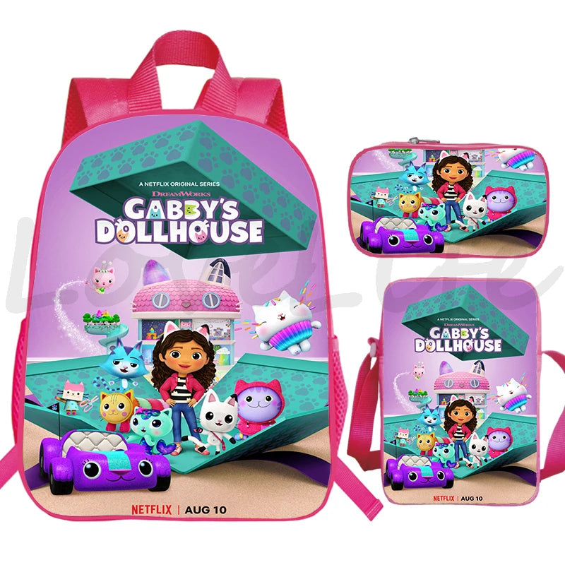 JUNBIE Kids Waterproof Pink Nylon Fabric Cute Cartoon Gabby's Dollhouse Design Zippers Curve Back Shoulder Straps-Handle Built-In Laptop Compartment External Pockets Backpacks/Colors-Pink/Multicolor