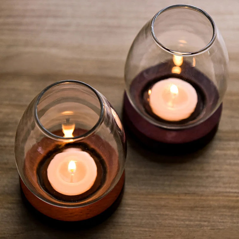 No-EN-Name-Null Modern Vintage Clear Transparent Round Glass Shade-Round Brown Wood Base Windproof Big Tealight Candle Holders