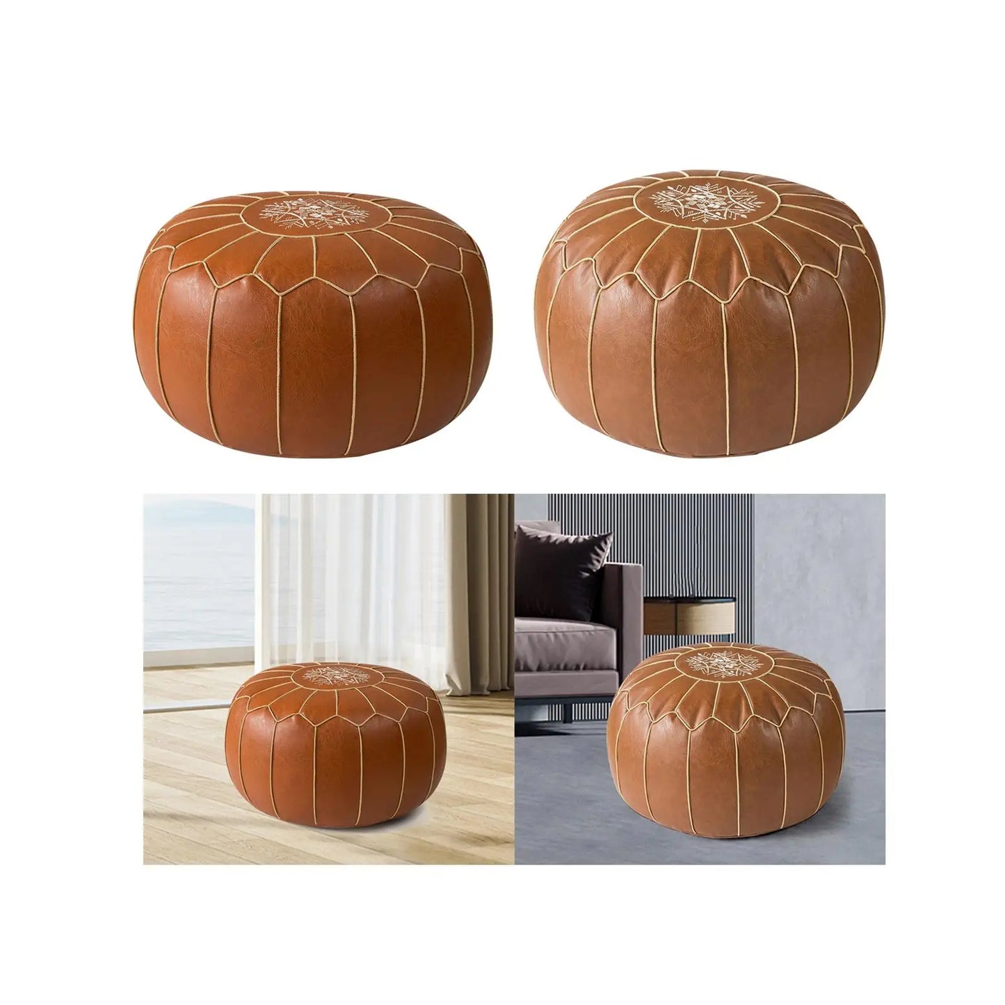 SERENABLE Modern Geometric Pattern Removable Brown Faux Leather Round Unstuffed Pouf Unfilled Ottoman COVERS /Size 50 x 25cm/19.69 x 9.84inch