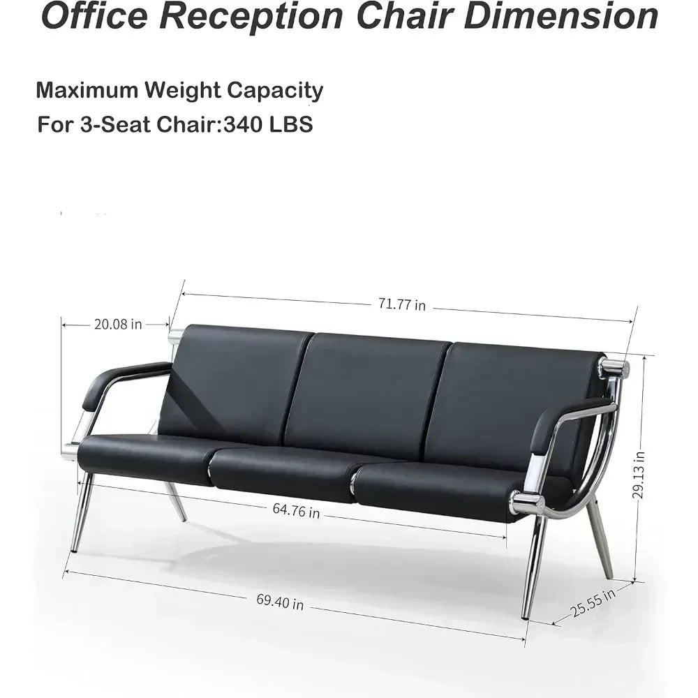 No-EN-Name-Null Black Soft PU Leather Upholstered Padded Foam Cushion Alloy Steel Metal Armrests-Legs Frame Lumbar Support Waiting Room Benches/ Maximum Weight 340 Pounds