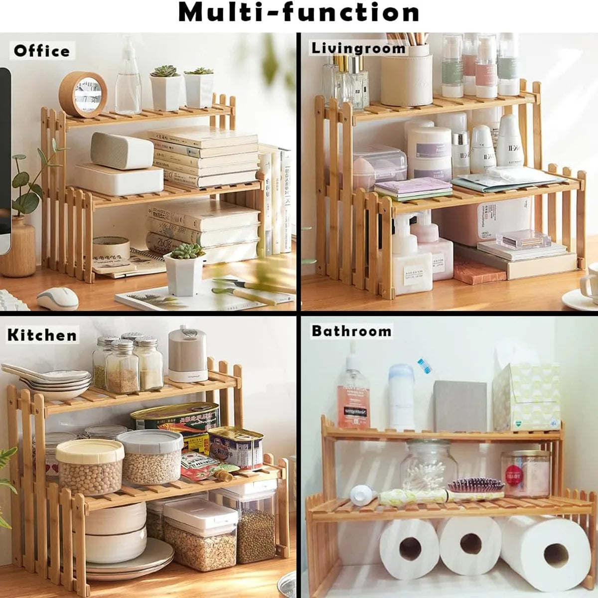 1/2-Tier Multifunction Brown Bamboo Table Top Stand w / 2 Slatted Shelves
