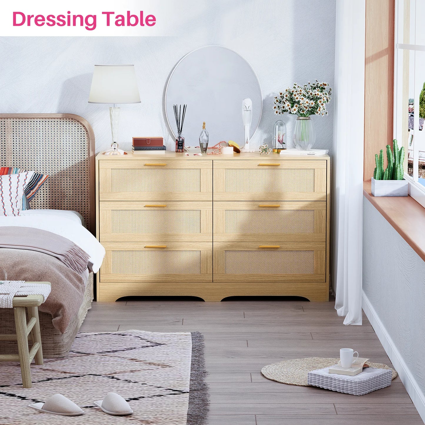 No-EN-Name-Null  Modern Countryside Brown Rectangle Waterproof Scratch-Resistant Six Drawers Decorative Gold Handles Integrated Table Legs Rattan Wicker MDF Wood Dressers/Colors-Red/Beige/Brown/White/Size: 39.37X15.75X30.37inch