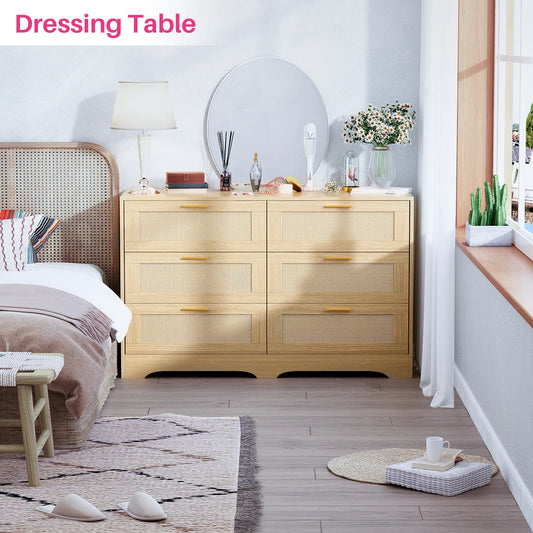 No-EN-Name-Null  Modern Countryside Brown Rectangle Waterproof Scratch-Resistant Six Drawers Decorative Gold Handles Integrated Table Legs Rattan Wicker MDF Wood Dressers/Colors-Red/Beige/Brown/White/Size: 39.37X15.75X30.37inch