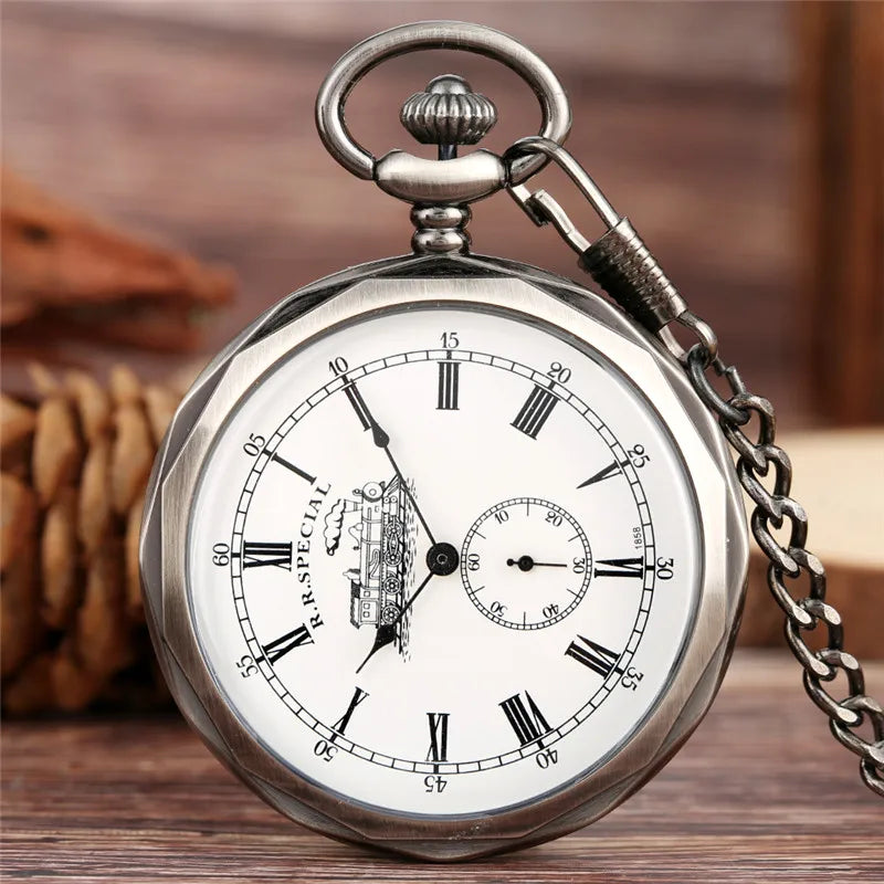 No-EN-Name-Null Adults Antique Roman Numeral Bronze Round Case Analog Display Round Acrylic Face Hand Winding Mechanical Vintage Railway Locomotive Train Design Metal Pendant Chain-Pocket Watches/Colors-Silver/White Bronze/Bronze