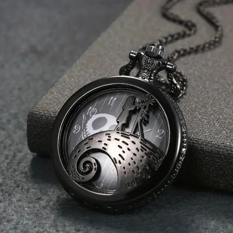 DEYROS Adults Quartz Black Face Bronze Metal Alloy Round Abrasion-Resistant Glass Face Skeleton Dial Movie-Nightmare Before Christmas Theme Silicone Strap Black Pendant Chain-Pocket Watches/Colors-Bronze/Black