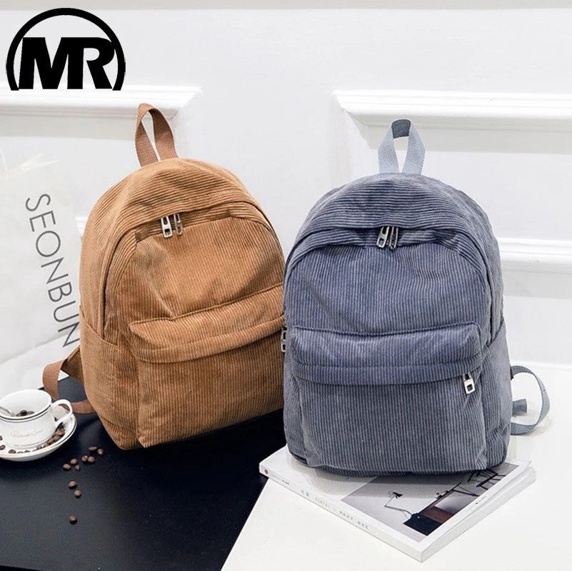 MARKROYAL Women Blue Corduroy Fabric Double Metal Zippers Shoulder Straps-Handle Polyester Lining Laptop Compartment External Pockets School Backpacks/Internal Pockets /Key Chain Holder/Colors-Blue/Brown/Black/Gray