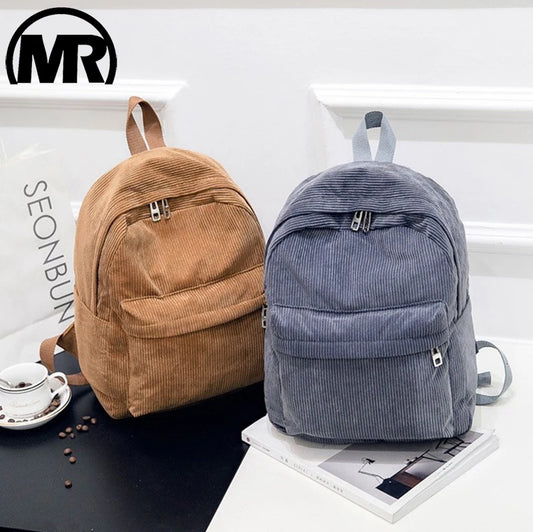 MARKROYAL Women Blue Corduroy Fabric Double Metal Zippers Shoulder Straps-Handle Polyester Lining Laptop Compartment External Pockets School Backpacks/Internal Pockets /Key Chain Holder/Colors-Blue/Brown/Black/Gray