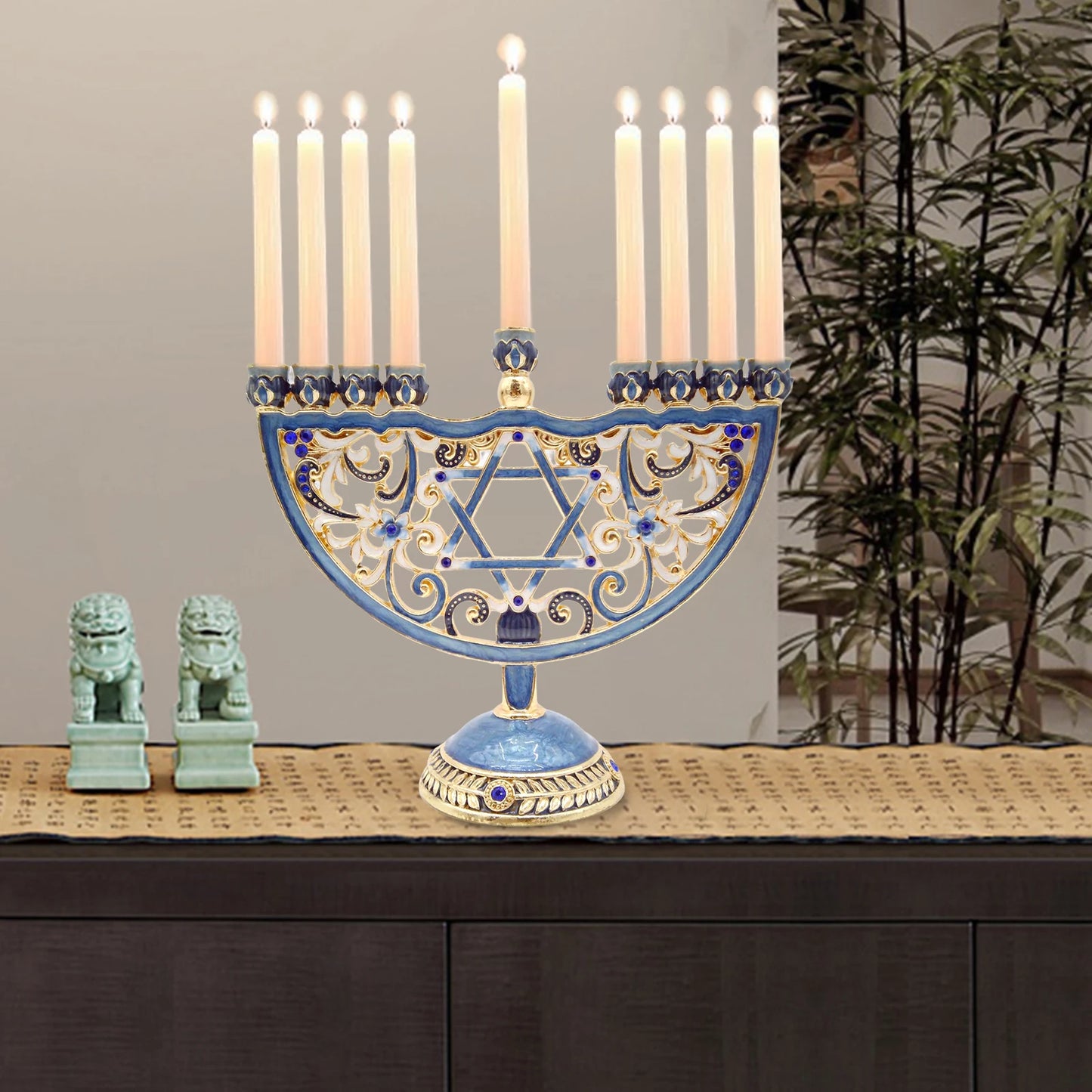 No-EN-Name-Null Antique Hand-Painted Bejeweled Menorah Jewish Nine Floral Branch Enameled Metal Candelabras/Colors-Green/Blue/Floral