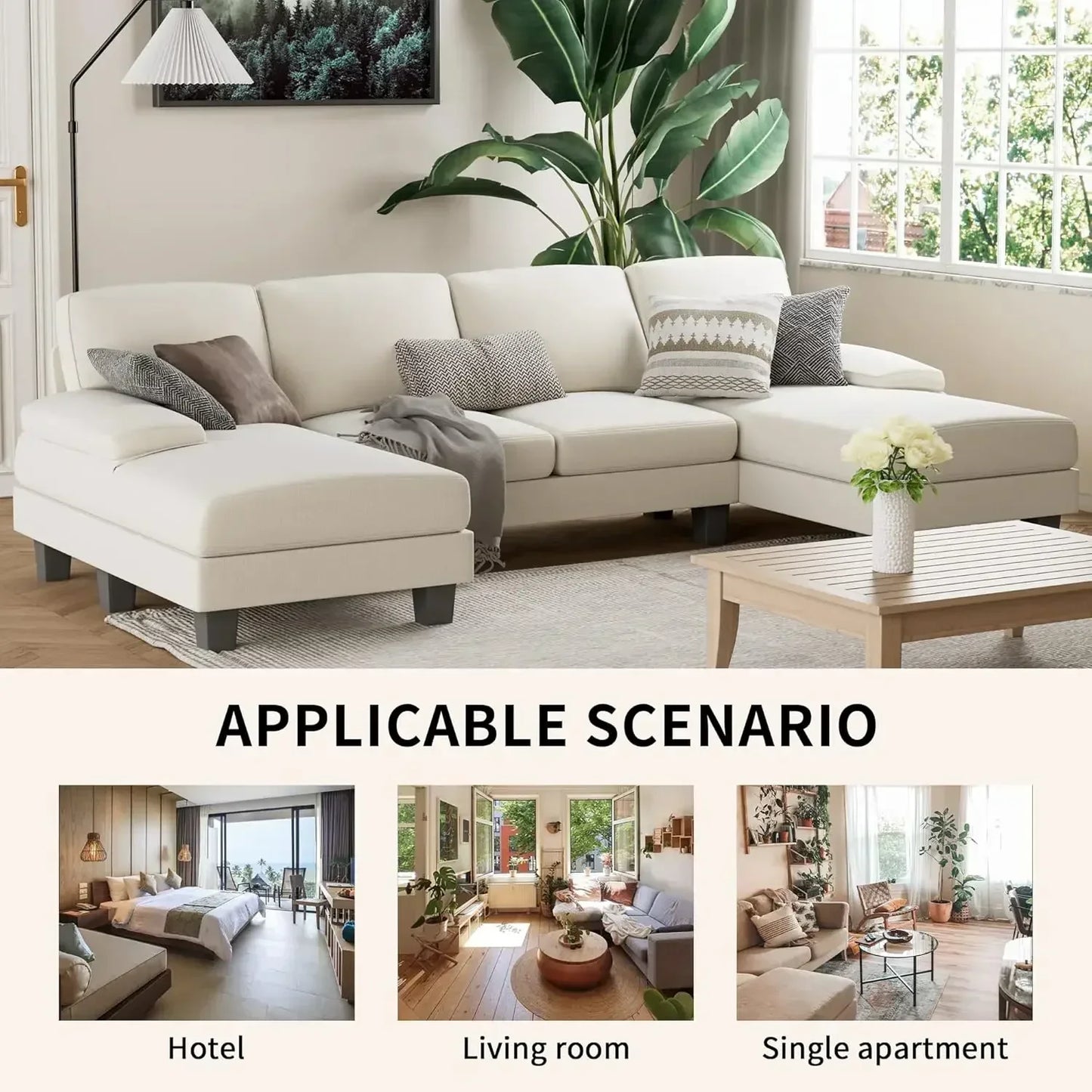 No-EN-Name-Null Modern Soft White U-Shaped Breathable Futon Fabric Solid Wood Panel Frame Double Chaise Medium Firmness Soft Comfortable Sectional Sofas/Washable Covers/4 Metal Legs