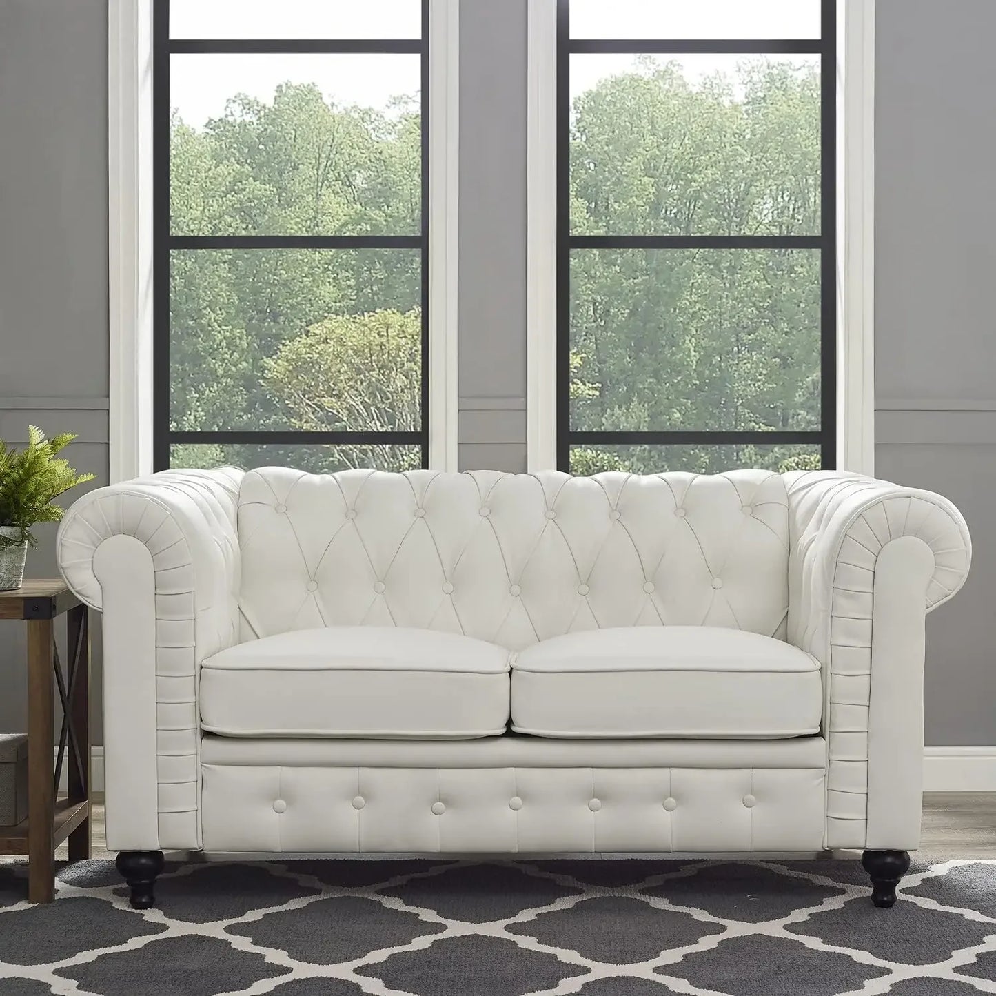 No-EN-Name-Null 3 PCS White Modern Medium Firm Upholstered Padded Chesterfield Lounge Solid Wood Framed Faux Leather Tufted Cotton Fabric Sofa Living Room Sets