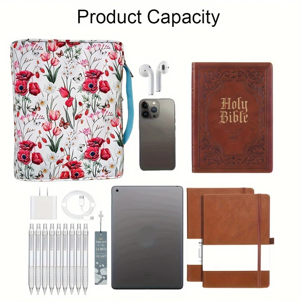 ALL GLORY Soft Handle Blue Floral Design Saying God Is Within Her She Will Not Fall Psalms 46: 5Metal Zippered Internal Pockets Nylon Fabric Polyester Lining Religious Items Bible Cover Cases/Colors-Various Floral Patterns