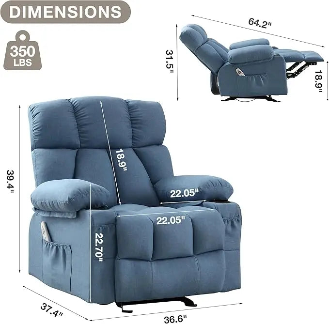 XMSJ JONPONY Blue Soft-Thick Overstuffed Upholstered Padded Polyester-Faux Leather Fabric Ergonomic Heated-Massaging Rocking Metal Frame  Recliners Chairs/Side Pocket/Double Cup Holders