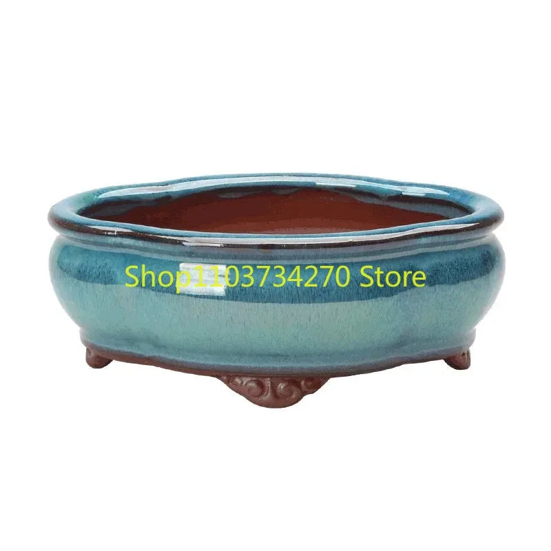 No-EN-Name-Null Home Garden Lightweight Glazed Ceramic Blue-Green Round Shaped Chinese Bonsai Desktop Flower Pots/Colors-Blue/Green/Purple/Brown