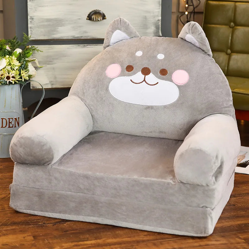 MDNG Modern Kids Customized Upholstered Padding Cute Soft Gray Velvet Fabric Cartoon Animal Faces Folding-Out Play Arm Chairs/Sponge Filling/Colors-Green/Pink/Yellow/Gray/Animals