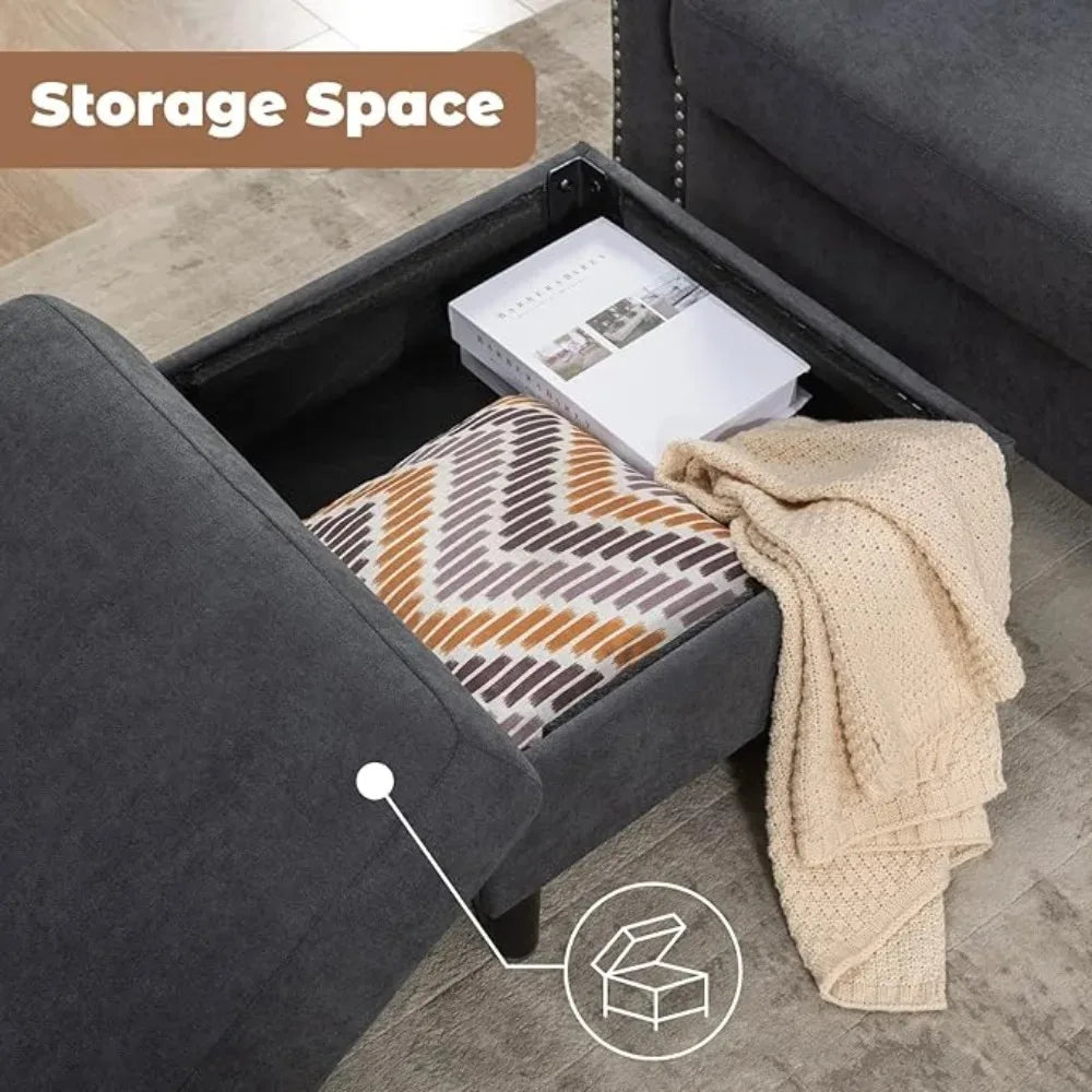 No-EN-Name-Null  Modern Cozy Medium Firm Nail-Head Trim Super-Soft Gray Velvet Fabric Cushions Right Face Two Cup Holders Side Storage Pockets Removable Ottoman L-Shaped Small Sectional Sofas