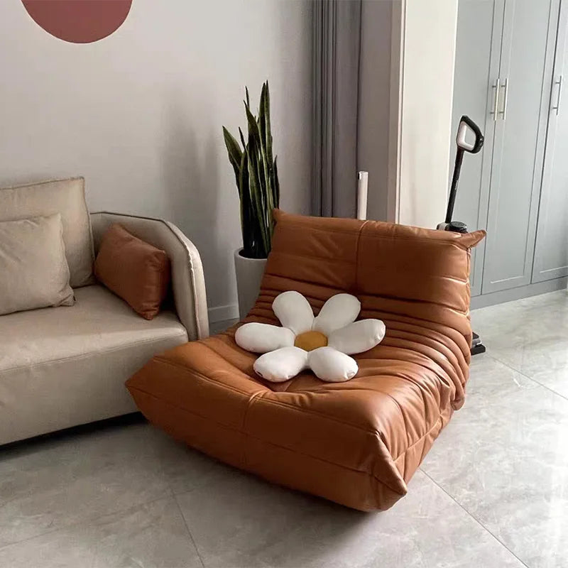 UOSU Modern Upholstered Padded Soft Six-Layer Caterpillar Foldable Washable Removable Cotton-Polyester Brown Suede Faux Leather Cover Solid Wood Frame Medium Firmness Lazy Recliner Chairs/Colors-Green/Orange/Blue/Brown/Yellow/Gray/White/Pink