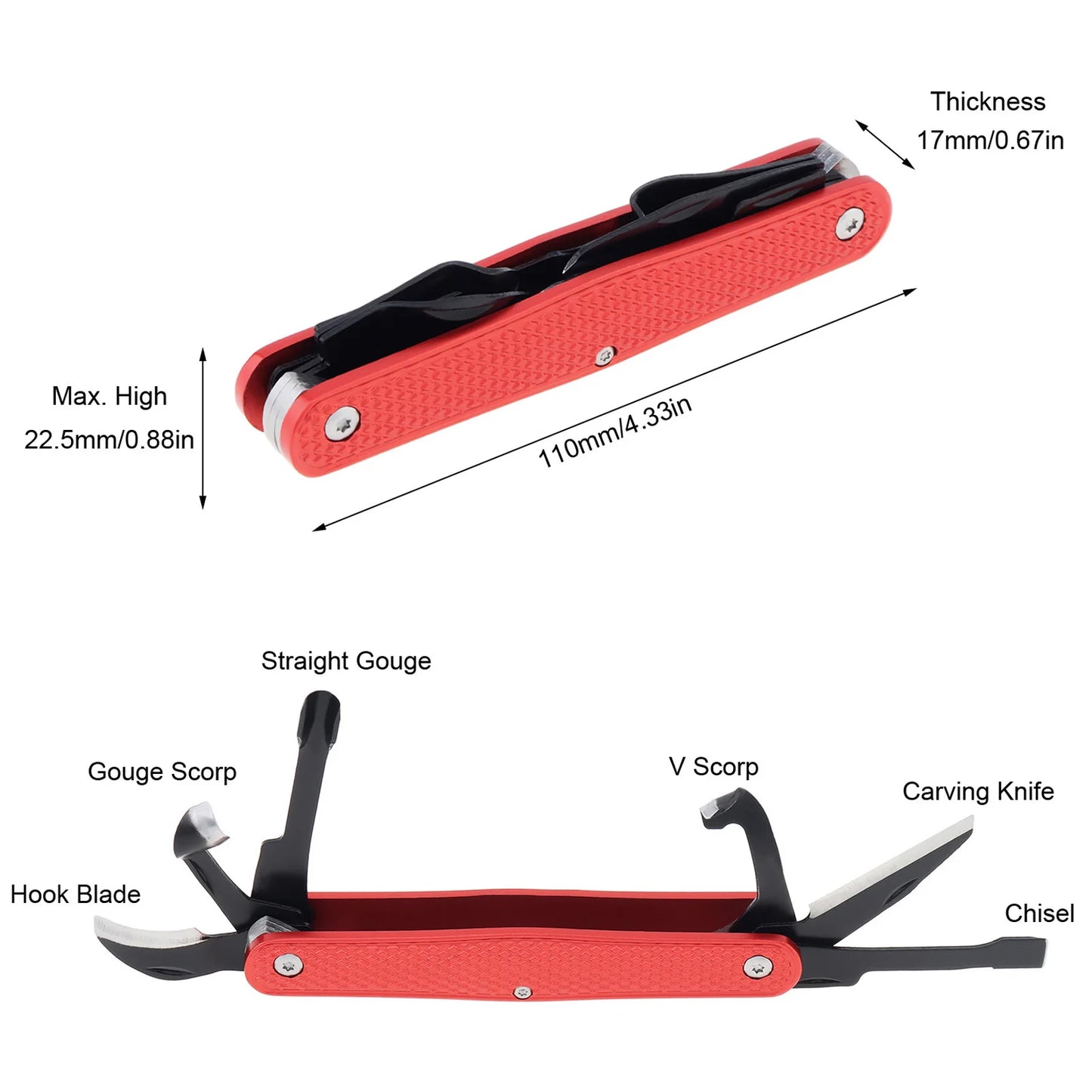 CHGLMPOSS Multicolor Body Rounded Corners Long Rectangle Built-In Right Handed Six Wood Carving Edges Foldable Whittling Cutter Aluminum Carbon Steel Blades Wood Cutting Tools Knives/Colors-Red/Black/Orange/Green/Silver/Multicolor