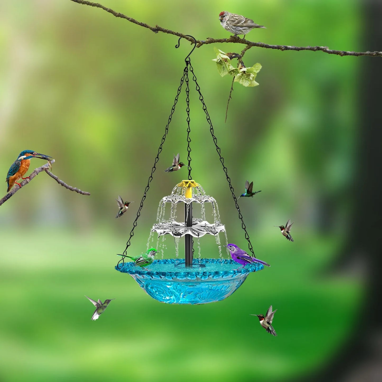 No-EN-Name-Null Outdoor Hanging Bird Bath Black Metal Chains Plastic Blue Floral Bowl Body Solar-Powered Multi-Functional Water Basin Bird Bath-Feeder-Drinking Bird Baths/ Colors-Blue/Black/Yellow/Floral