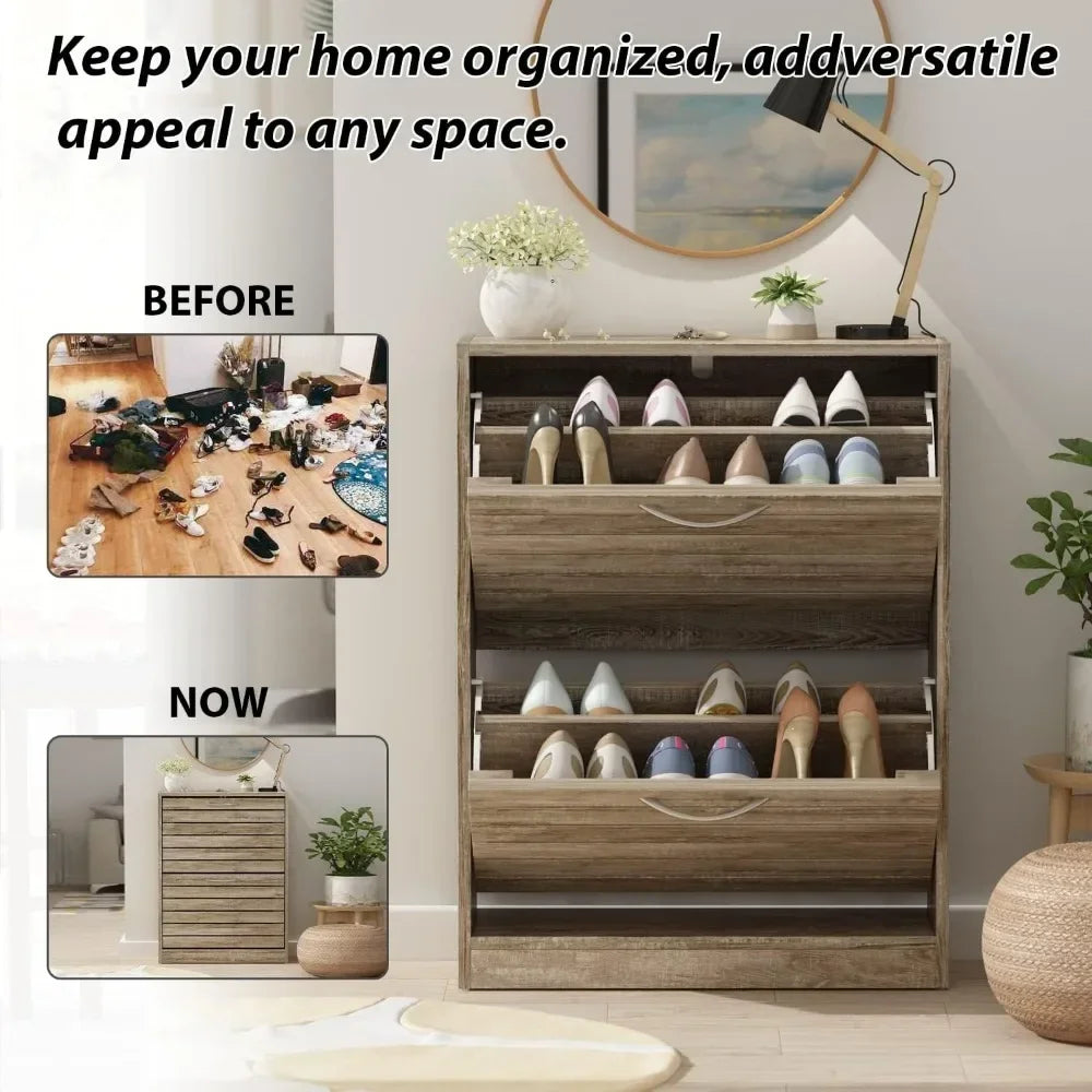 ANGDUO Brown Durable MDF Wood Rectangle Entryway Waterproof Two Flip-Out Drawers-2-Tiers In Each Lockers-Storage Cabinet Shoe Organizers/Assembly Required/ Colors-Brown/White/Gray/Striped/Storage Options/Dimensions : 9.4"D x 22.4"W x 29.5"H/