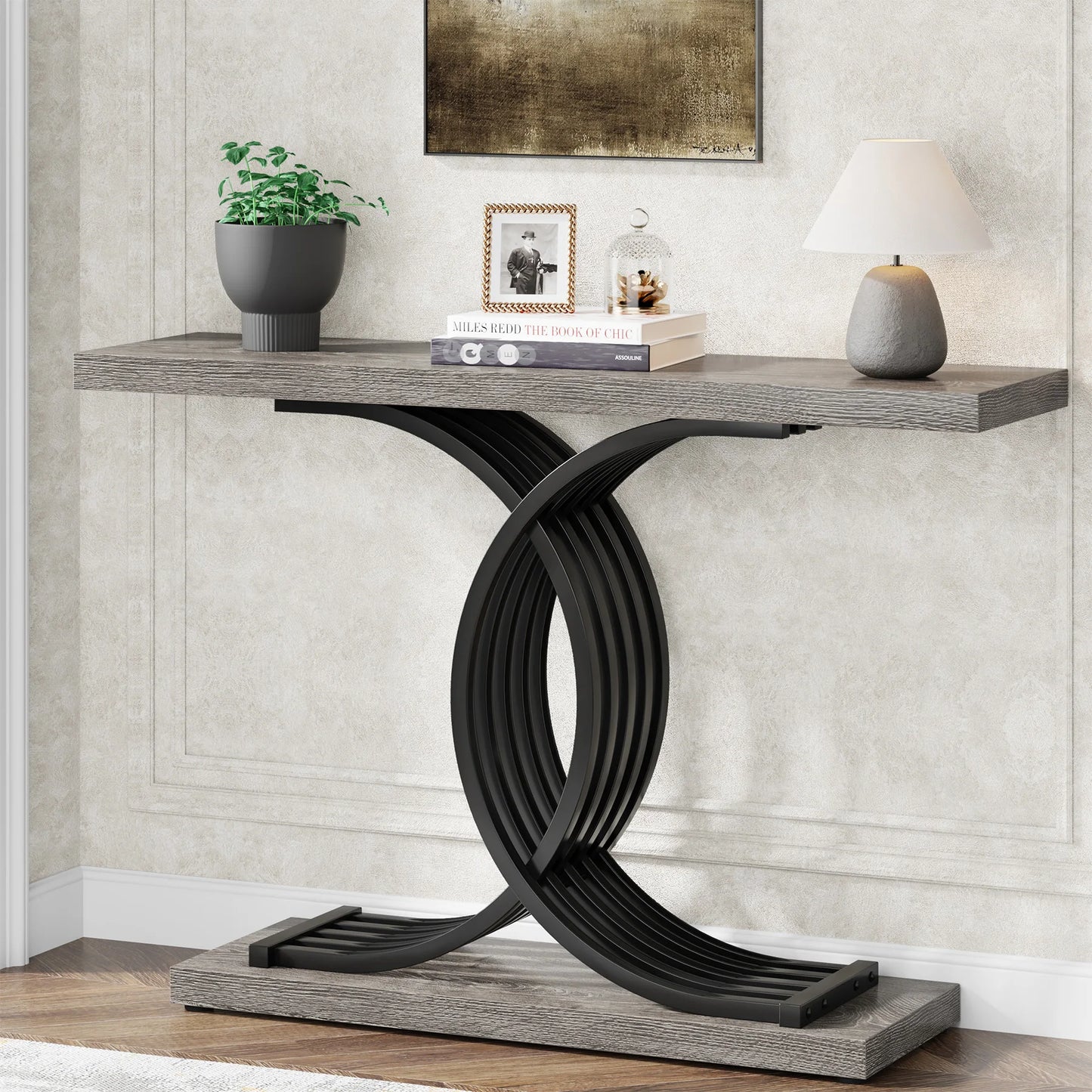 TRIBESIGNS Modern Entryway White Faux Marble Rectangle Shaped Wood Top-Bottom Rectangle Strong Sturdy Wood Base Geometric Gold Metal Frame Narrow Console Tables/Colors-White/Black/Chocolate/Dark Gray