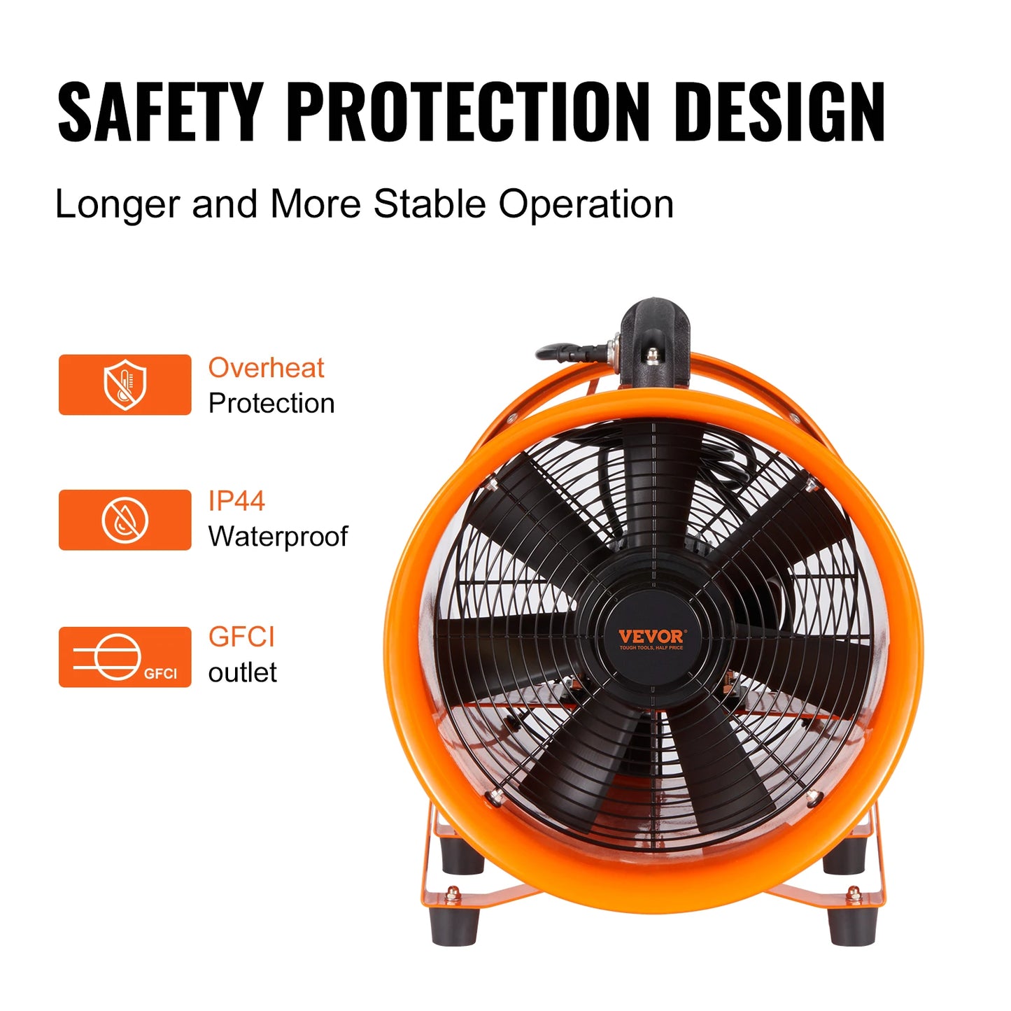 VEVOR Portable Two Gear Speed Round Orange Metal Industrial Cylinder Shaped AC-Powered Motor Exhaust Ventilation Fans/16.4 Feet Flexible Orange-Black PVC Duct Pipe Hoses Included/Power Cord 5.9 Feet Included