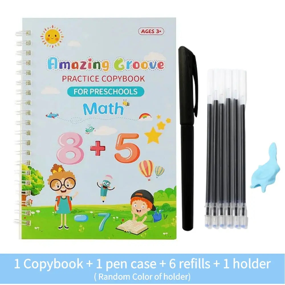 No-EN-Name-Null 4 PCS Parent-Kids Interacting Reading Amazing Groove Practice Copybook English Plastic-Cardboard Paper Copybooks Reusable Reading Toys /1 Pen Case/6 Refills/1 Holder/1 Free Pen Grip/Free Pens/Ages: 1-18 Years Old