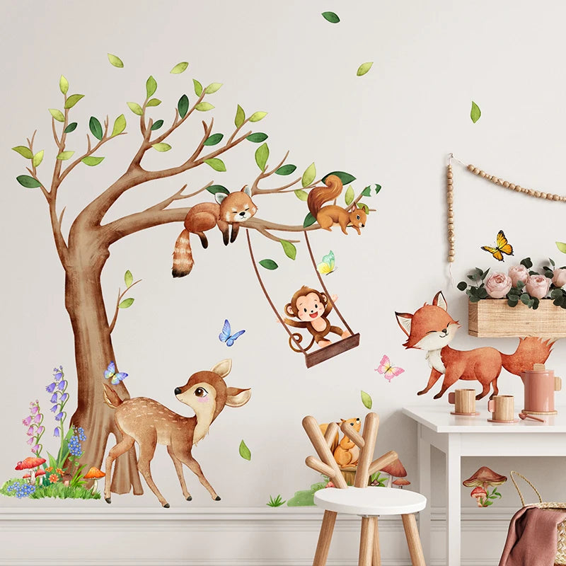 2-PCS Set Waterproof Removable Cartoon Monkey Standing Up Swing In A Roped Swing 2-Foxes Baby Deer 2 Squirrels In A Brown Tree Wall Stickers