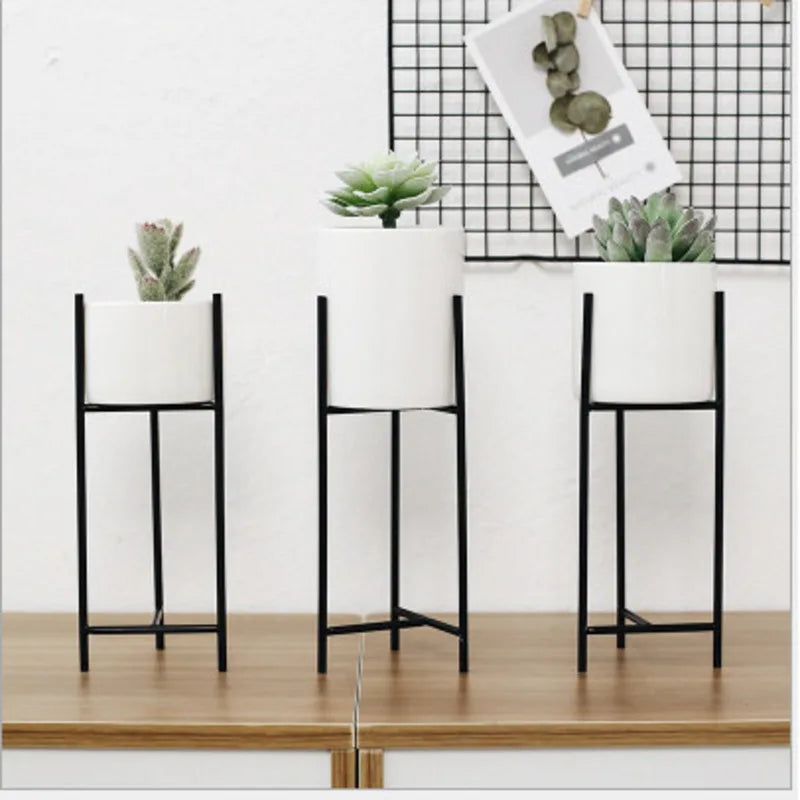 No-EN-Name-Null Indoor White Ceramic-Enamel Pot-Nordic Black Wrought Iron Metal Frame Base Round Shaped Flowerpots Planters /Colors-Gold/Green/White/Black
