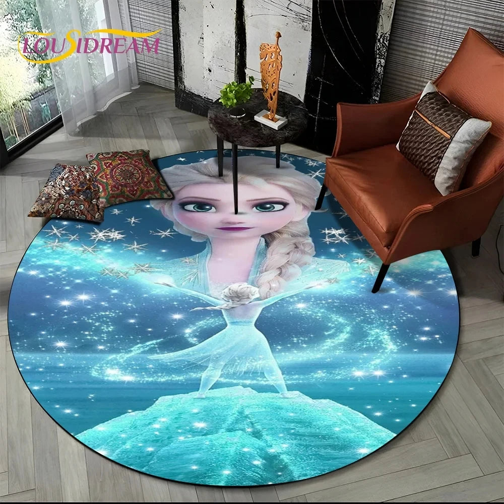 MINISO Indoor-Outdoor Kids Blue Background Round Shaped DISNEY'S Frozen II Movie Cartoon Anime Princess Elsa-Anna-Olaf Design Skid-Proof Bottom Polyester-Flannel Rugs/Colors-Blue/Red/Black/White