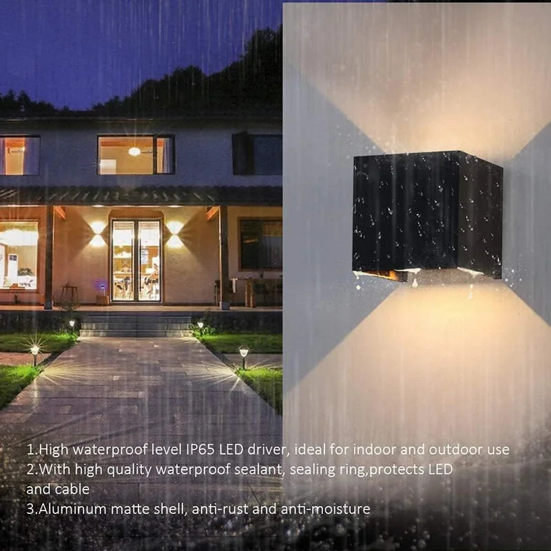 ERTIMELED Modern Outdoor-Indoor Waterproof Black Square Aluminum Metal Box Shaped Tempered Glass Adjustable Warm-Cool White LED Lights Up-Down Wall Light Fixtures /Bulbs Included