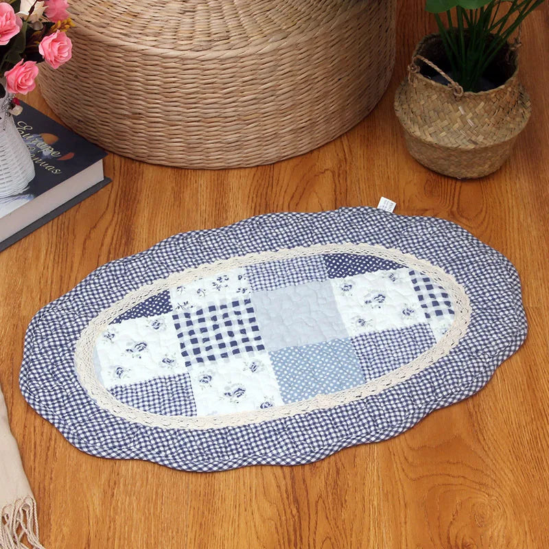 No-EN-Name-Null Indoor Non-Toxic Waterproof Fade Resistant Cotton Fabric Quilted Patchwork Floral Design Hand-Knotted Flatweave Anti-Slip Base Oval Floor Mats-Rugs/Hand-Machine Wash/Colors-Floral/Dots/Striped/Checkered/Multicolor