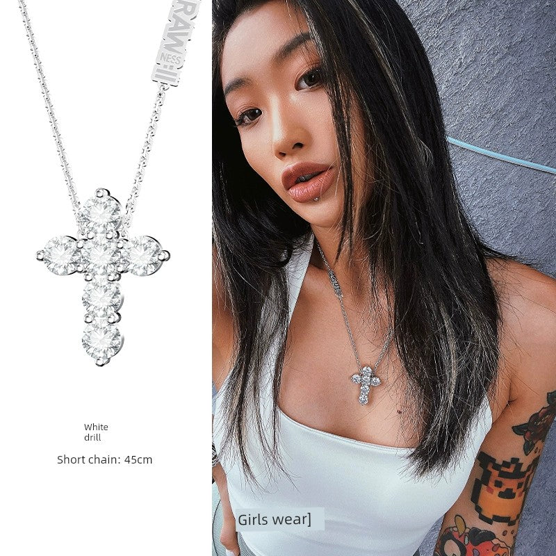 RAWNESS Unisex Couple's Fine Imitation Titanium Steel Metal Gold-Plated BIG Inlaid Artificial Gemstones Multicolor-Clear White Shiny Diamond-Like Moissanite Stones Cross Pendant Chain Hip Hop Necklaces/Colors-Gold/Sliver/Pink/Blue/Clear/White