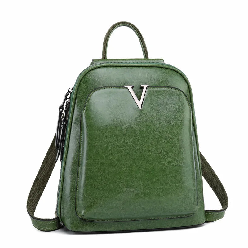 HAOSHUAI Women Lightweight Softback Oil Wax Brown Cowhide Leather Cross Body Adjustable Shoulder Strap-Handle Double Zippers Polyester Lining Built-In Compartment External Pockets Backpacks/Colors-Green/Black/Brown/Protective Sleeve