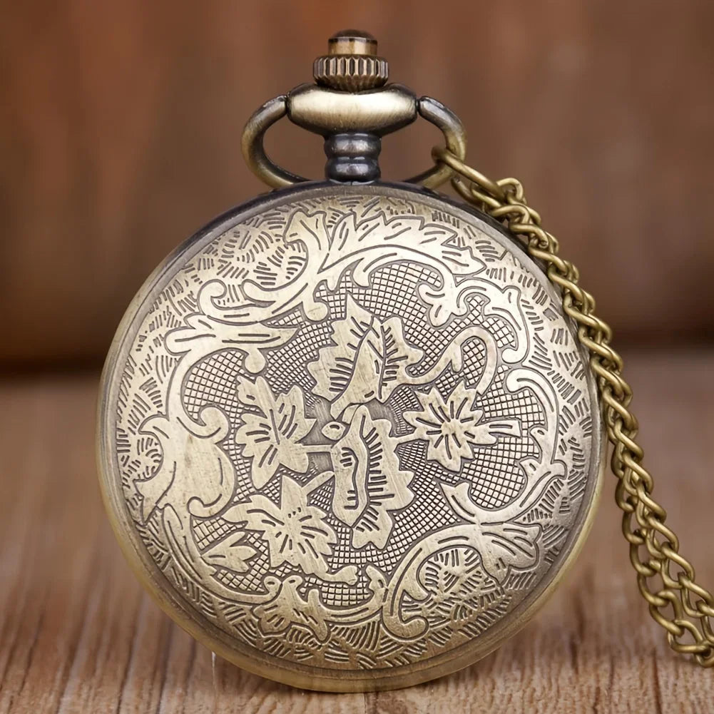 RUNERR Adults Antique Quartz Digital Display Glass Face Round Shaped Bronze Metal Alloy Case Steampunk Front Hallow-Out Gear Movement Design Pendant Chain-Pocket Watches