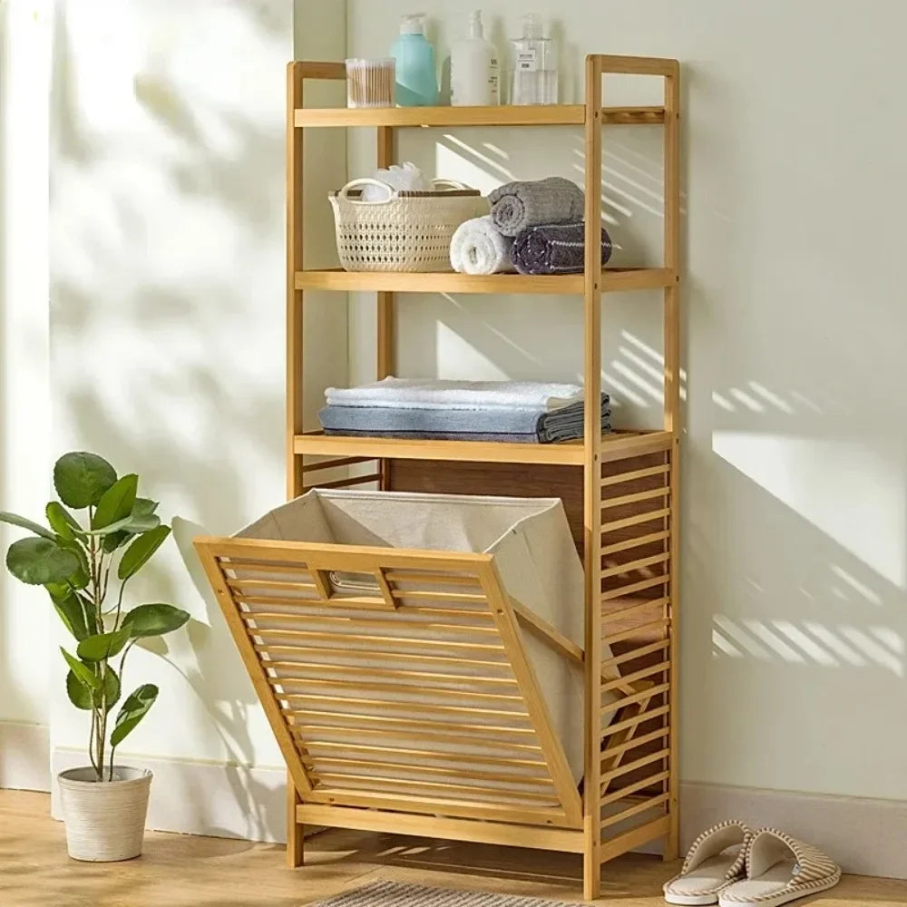 No-EN-Name-Null Modern Large Waterproof Lining 3-4 Tier Storage Shelves Brown-Beige Bamboo Solid Wood Boards Tilt Out Strip Laminates Laundry Hamper Baskets
